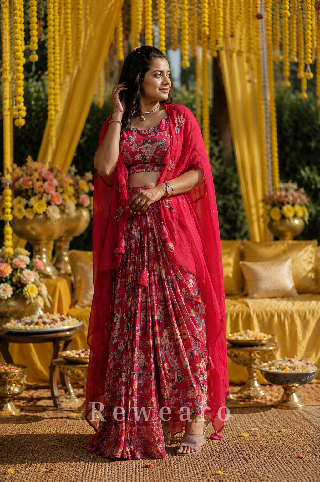 Crimson Floral Printed Draped Dhoti Set with Embellished Dupatta