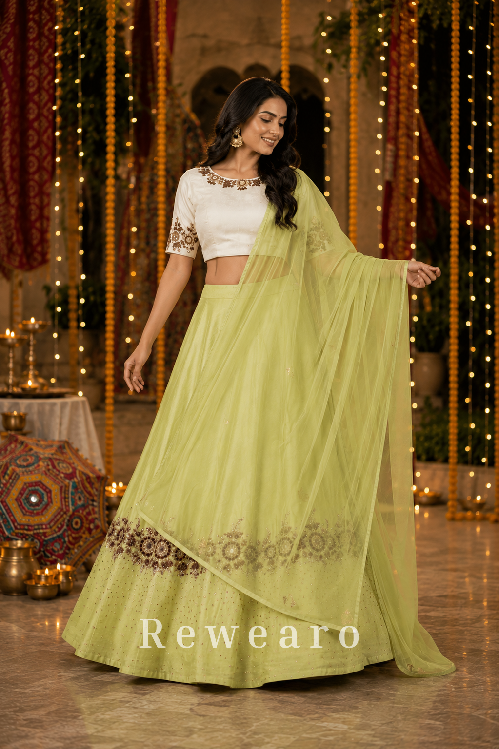 Pistachio Green Lehenga with Ivory Embroidered Choli & Sheer Dupatta