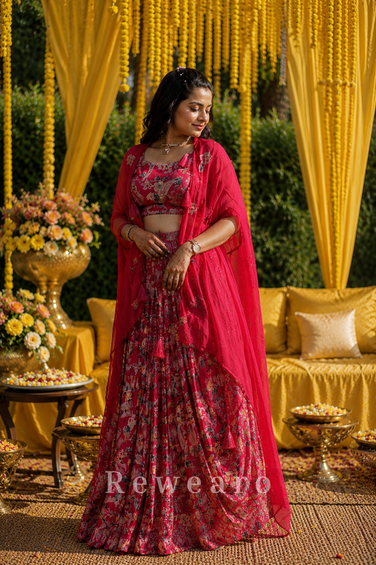 Crimson Floral Printed Draped Dhoti Set with Embellished Dupatta
