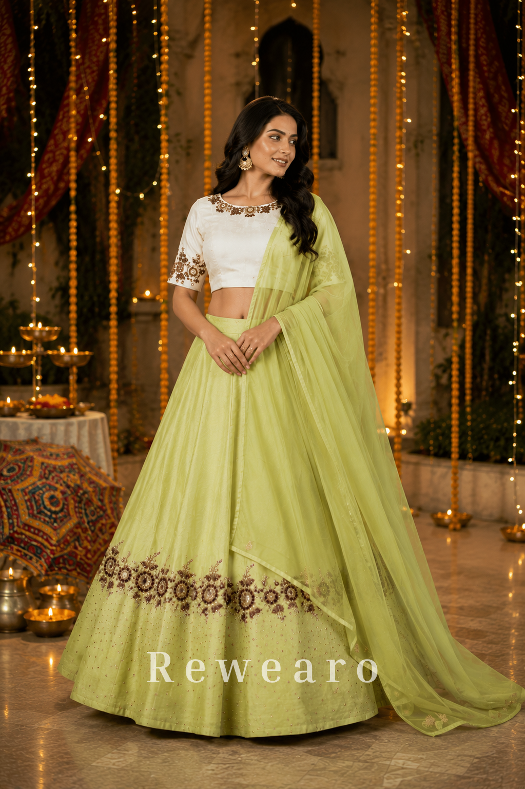 Pistachio Green Lehenga with Ivory Embroidered Choli & Sheer Dupatta