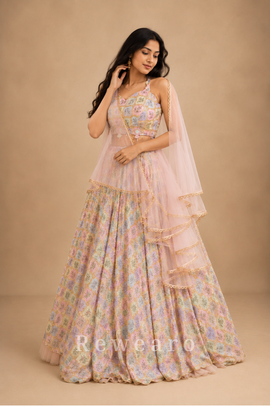 Pastel Mosaic Printed Lehenga Set with Layered Ruffle Dupatta and Contemporary Embroidered Blouse