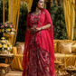 Crimson Floral Printed Draped Dhoti Set with Embellished Dupatta