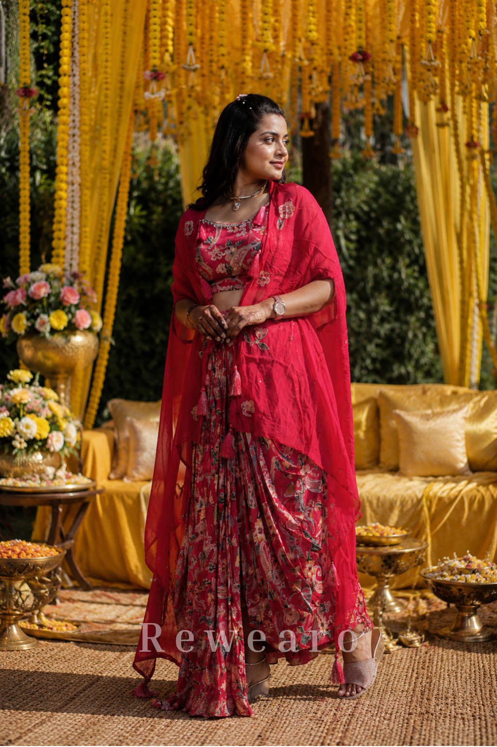 Crimson Floral Printed Draped Dhoti Set with Embellished Dupatta