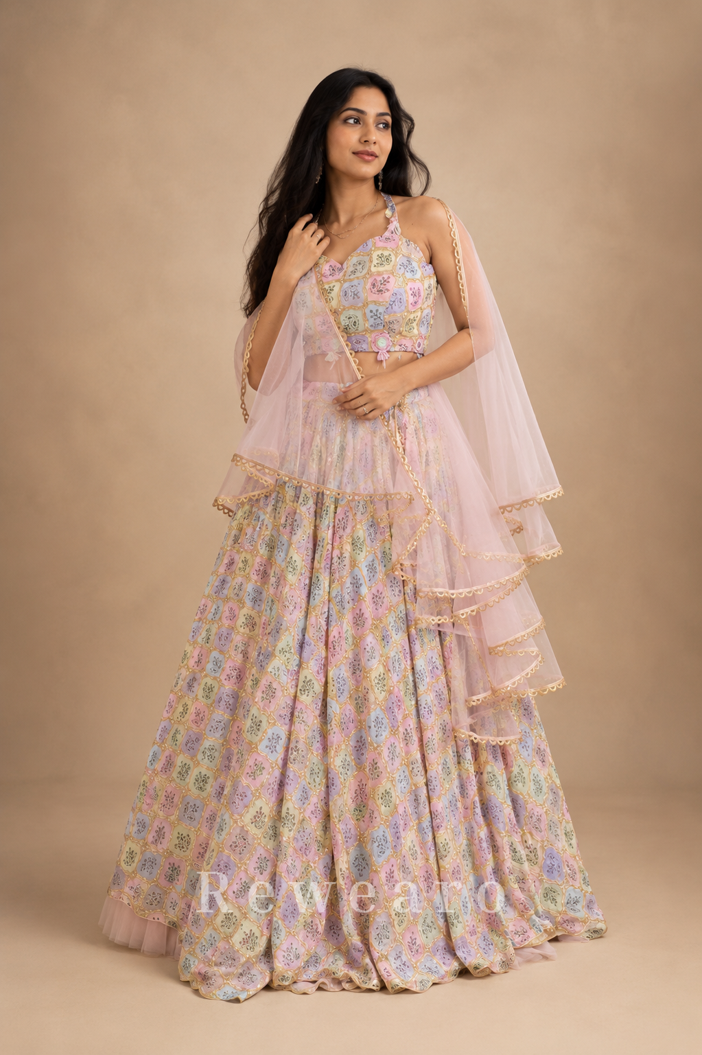 Pastel Mosaic Printed Lehenga Set with Layered Ruffle Dupatta and Contemporary Embroidered Blouse