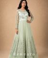 Mint Ivory Floral Embroidered Anarkali Gown with Sheer Sleeves & Layered Tulle Hem
