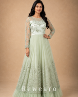 Mint Ivory Floral Embroidered Anarkali Gown with Sheer Sleeves & Layered Tulle Hem