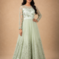 Mint Ivory Floral Embroidered Anarkali Gown with Sheer Sleeves & Layered Tulle Hem