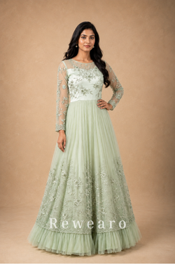 Mint Ivory Floral Embroidered Anarkali Gown with Sheer Sleeves & Layered Tulle Hem