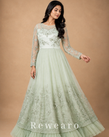 Mint Ivory Floral Embroidered Anarkali Gown with Sheer Sleeves & Layered Tulle Hem