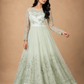 Mint Ivory Floral Embroidered Anarkali Gown with Sheer Sleeves & Layered Tulle Hem