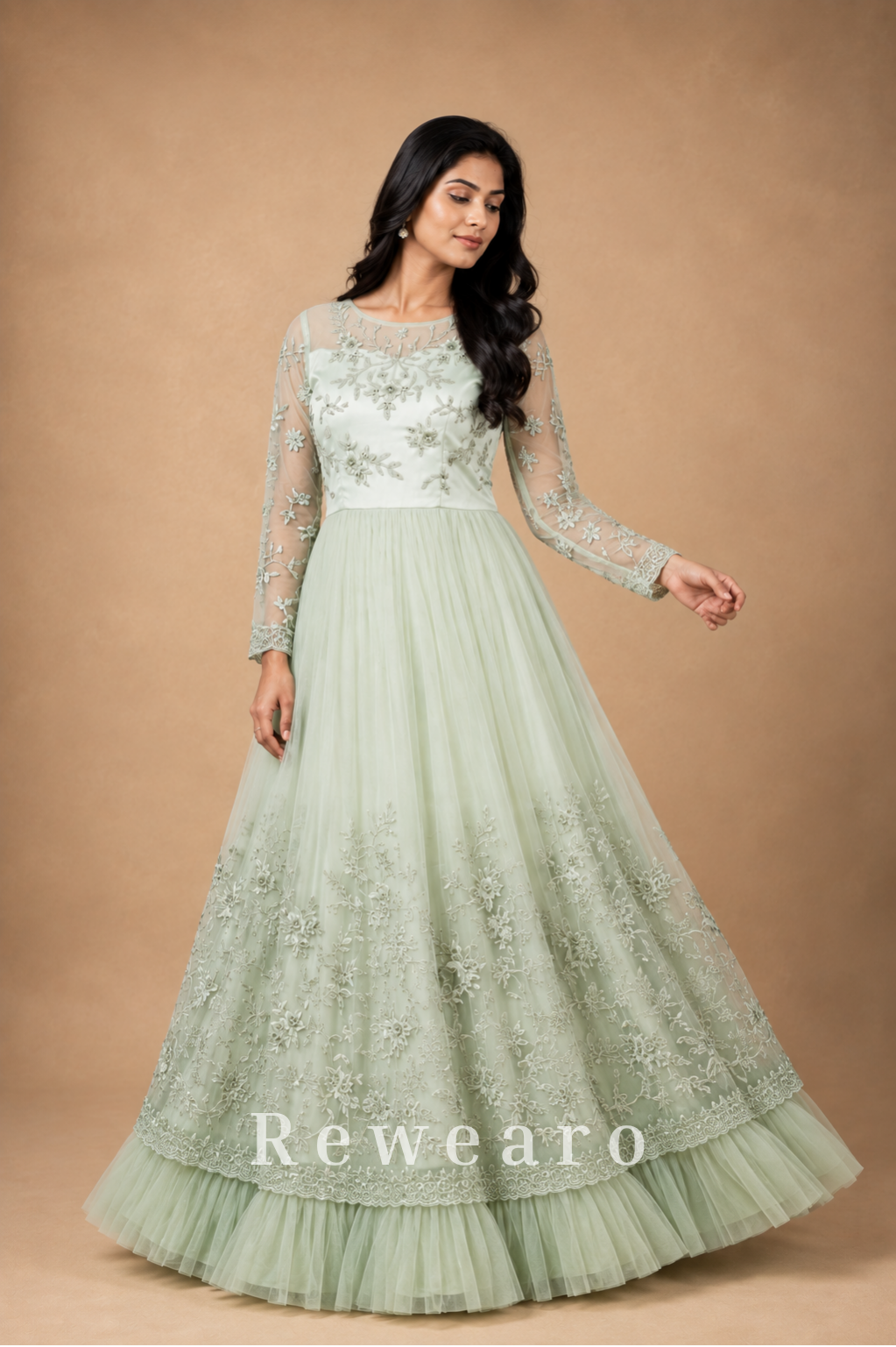 Mint Ivory Floral Embroidered Anarkali Gown with Sheer Sleeves & Layered Tulle Hem