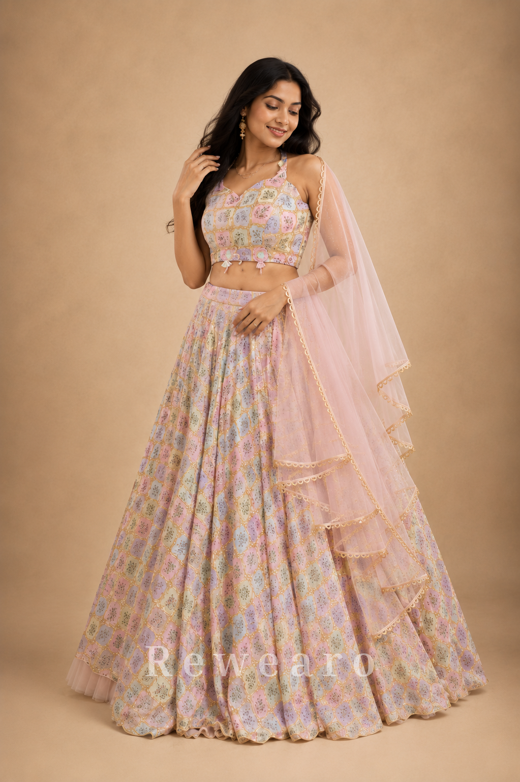 Pastel Mosaic Printed Lehenga Set with Layered Ruffle Dupatta and Contemporary Embroidered Blouse