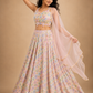Pastel Mosaic Printed Lehenga Set with Layered Ruffle Dupatta and Contemporary Embroidered Blouse