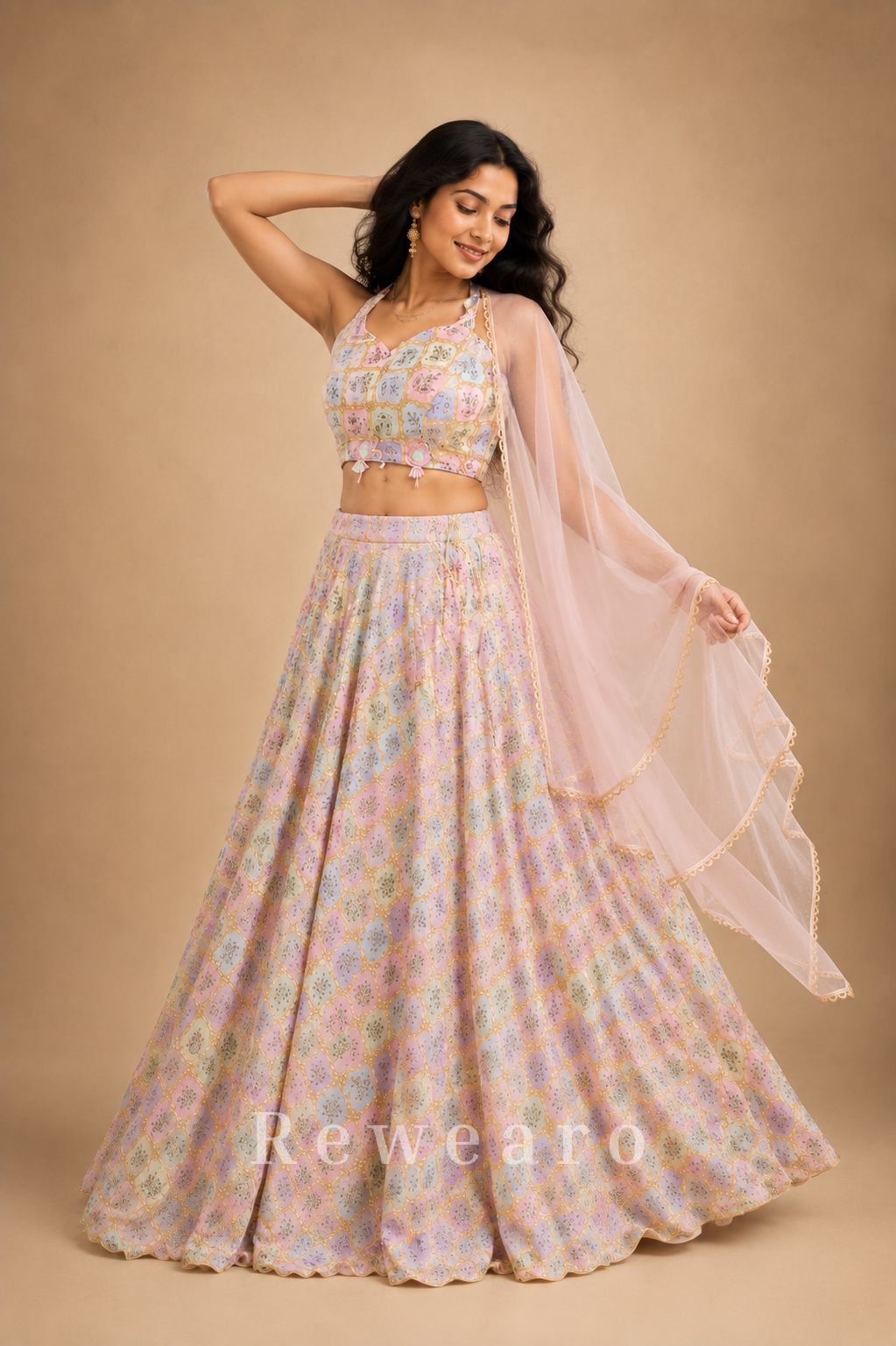 Pastel Mosaic Printed Lehenga Set with Layered Ruffle Dupatta and Contemporary Embroidered Blouse