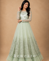 Mint Ivory Floral Embroidered Anarkali Gown with Sheer Sleeves & Layered Tulle Hem