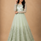 Mint Ivory Floral Embroidered Anarkali Gown with Sheer Sleeves & Layered Tulle Hem