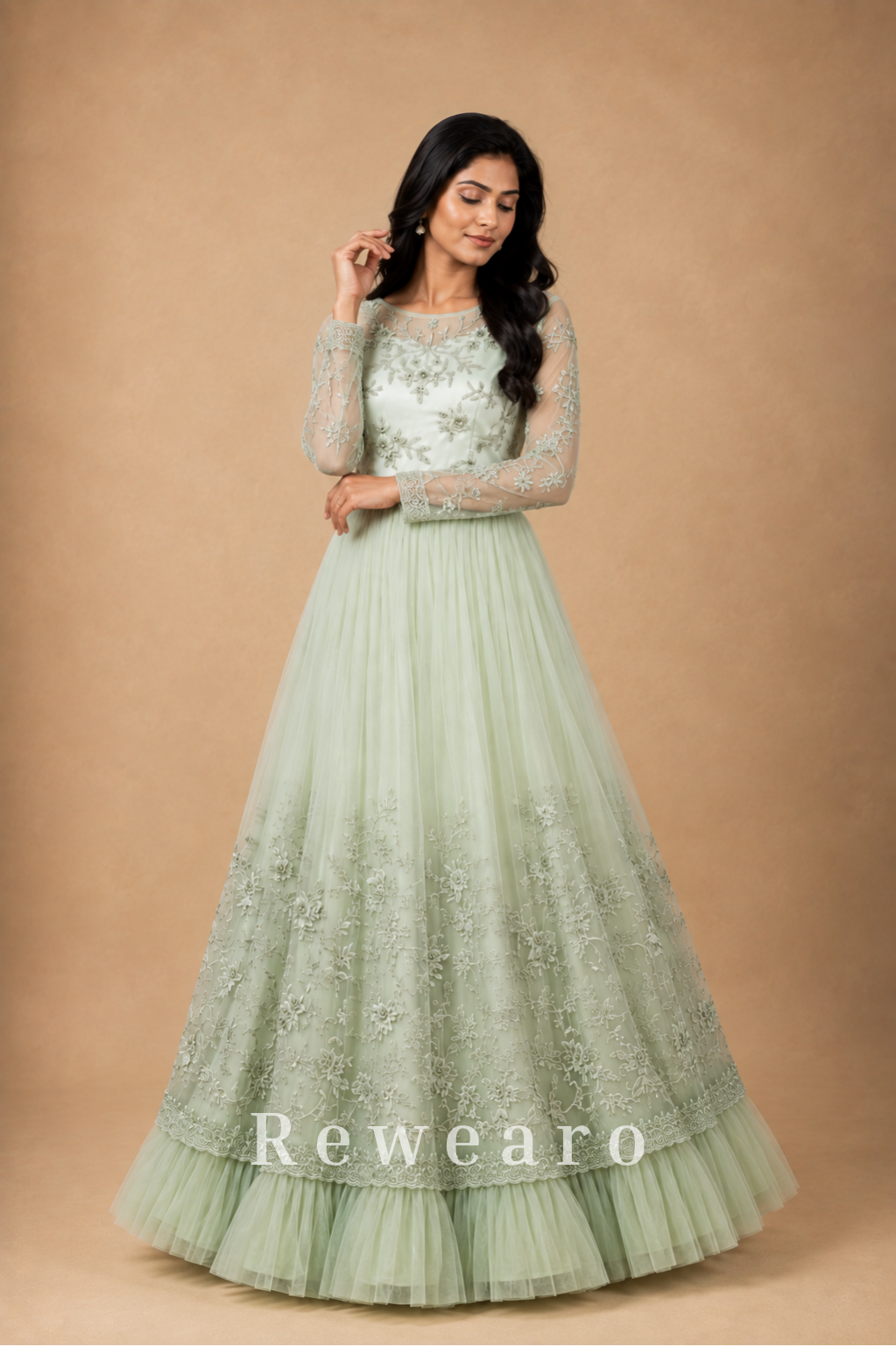 Mint Ivory Floral Embroidered Anarkali Gown with Sheer Sleeves & Layered Tulle Hem
