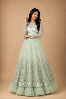 Mint Ivory Floral Embroidered Anarkali Gown with Sheer Sleeves & Layered Tulle Hem - View 3