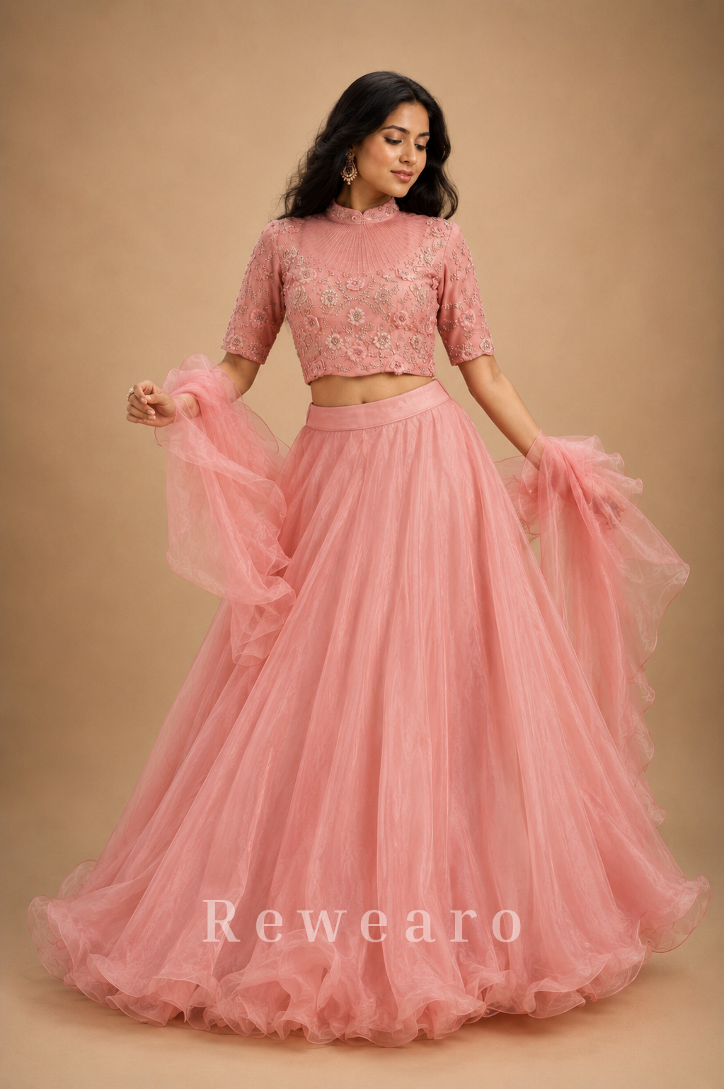 Blush Pink Organza Lehenga Set with Intricately Embroidered High-Neck Blouse and Ruffle Dupatta