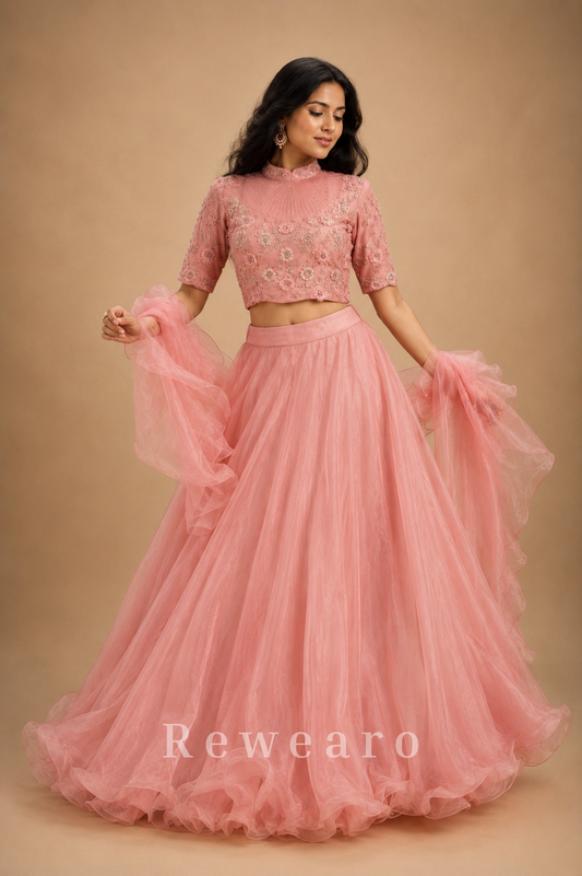Blush Pink Organza Lehenga Set with Intricately Embroidered High-Neck Blouse and Ruffle Dupatta