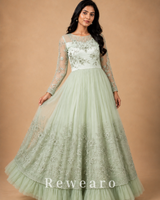 Mint Ivory Floral Embroidered Anarkali Gown with Sheer Sleeves & Layered Tulle Hem