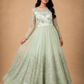 Mint Ivory Floral Embroidered Anarkali Gown with Sheer Sleeves & Layered Tulle Hem