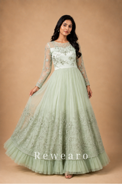 Mint Ivory Floral Embroidered Anarkali Gown with Sheer Sleeves & Layered Tulle Hem - View 4
