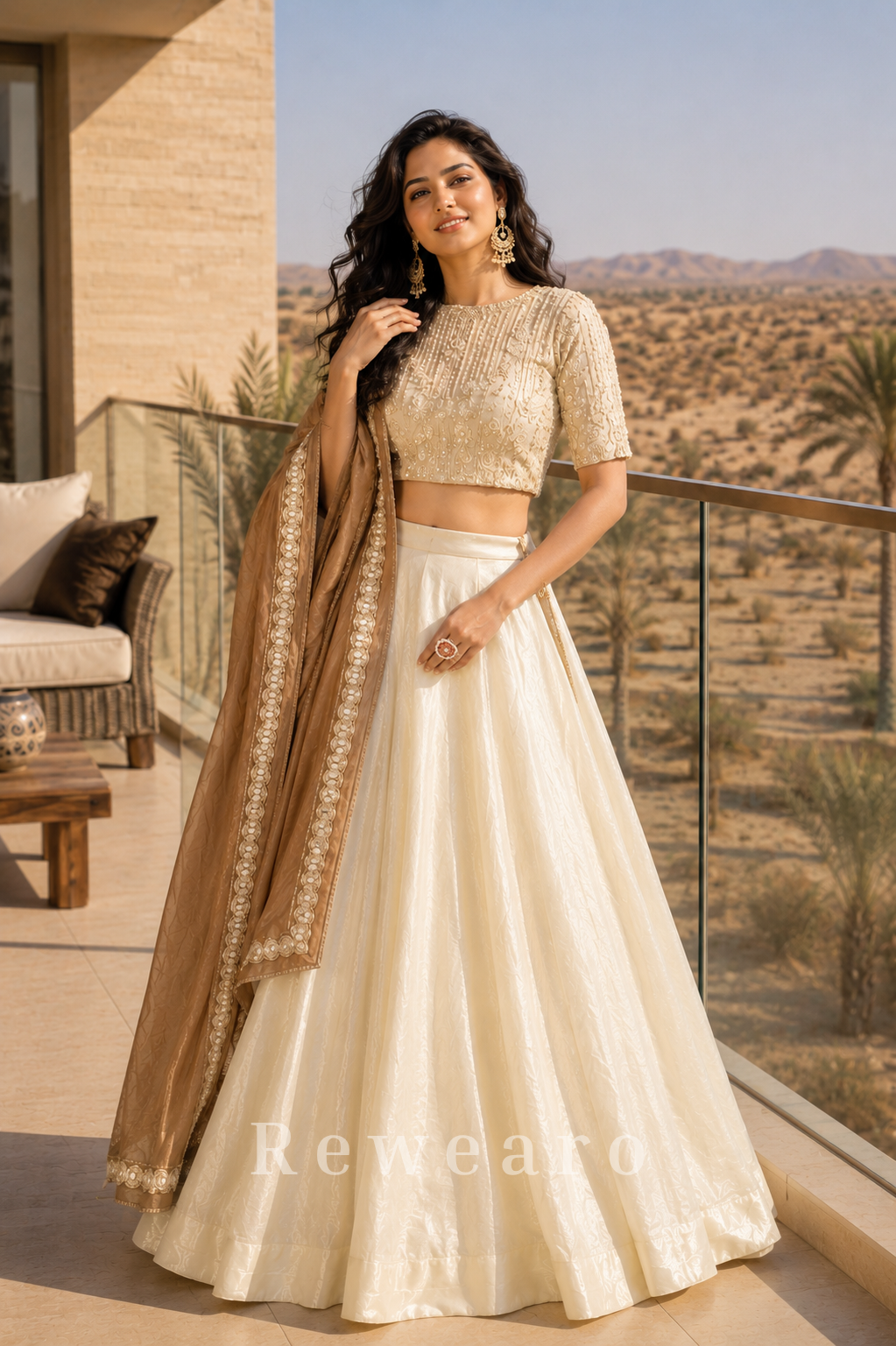 Ivory Embroidered Lehenga Set with Beige Border Dupatta