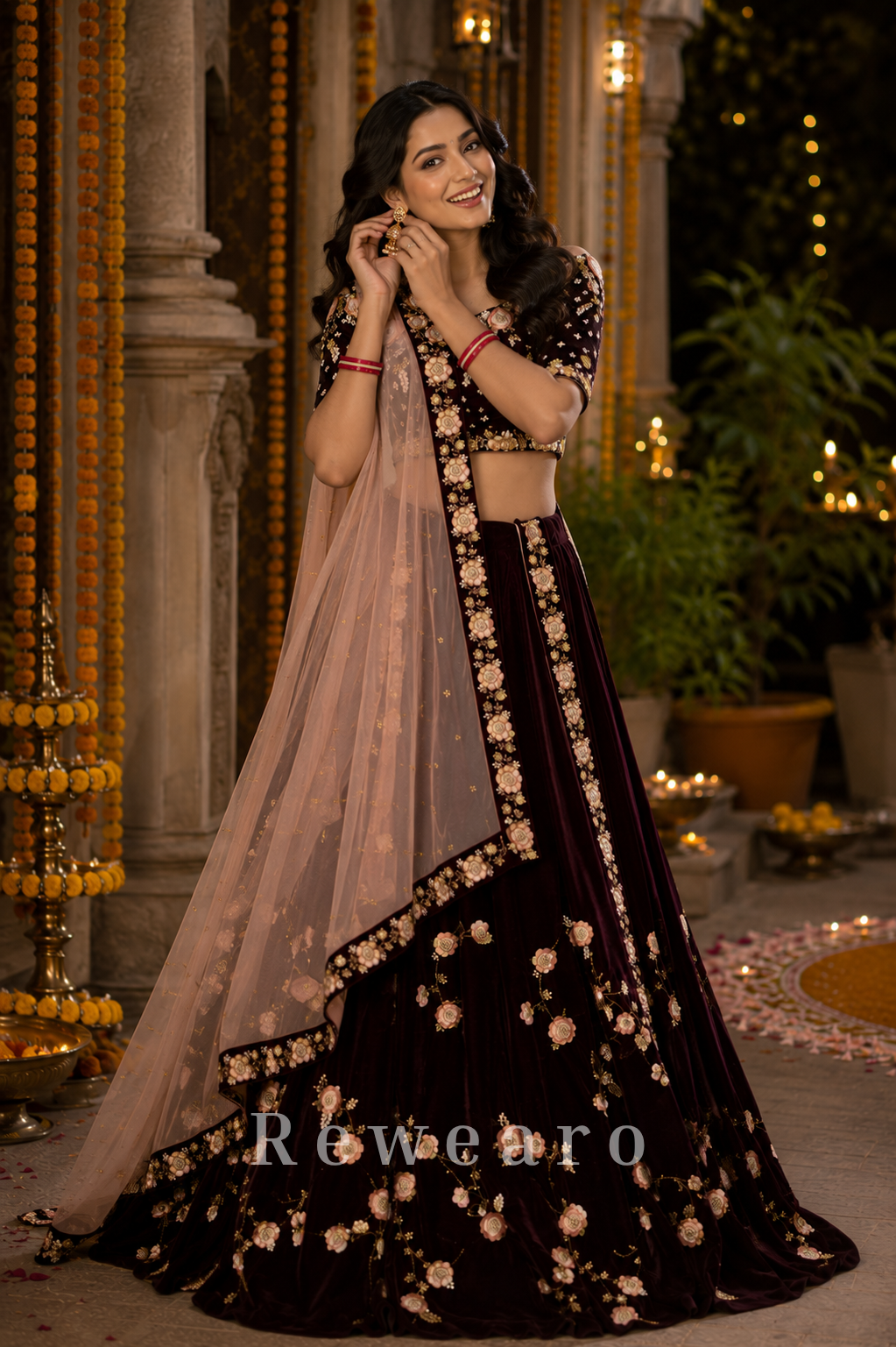 Deep Wine Velvet Floral Embroidered Lehenga Set with Rose Border Net Dupatta