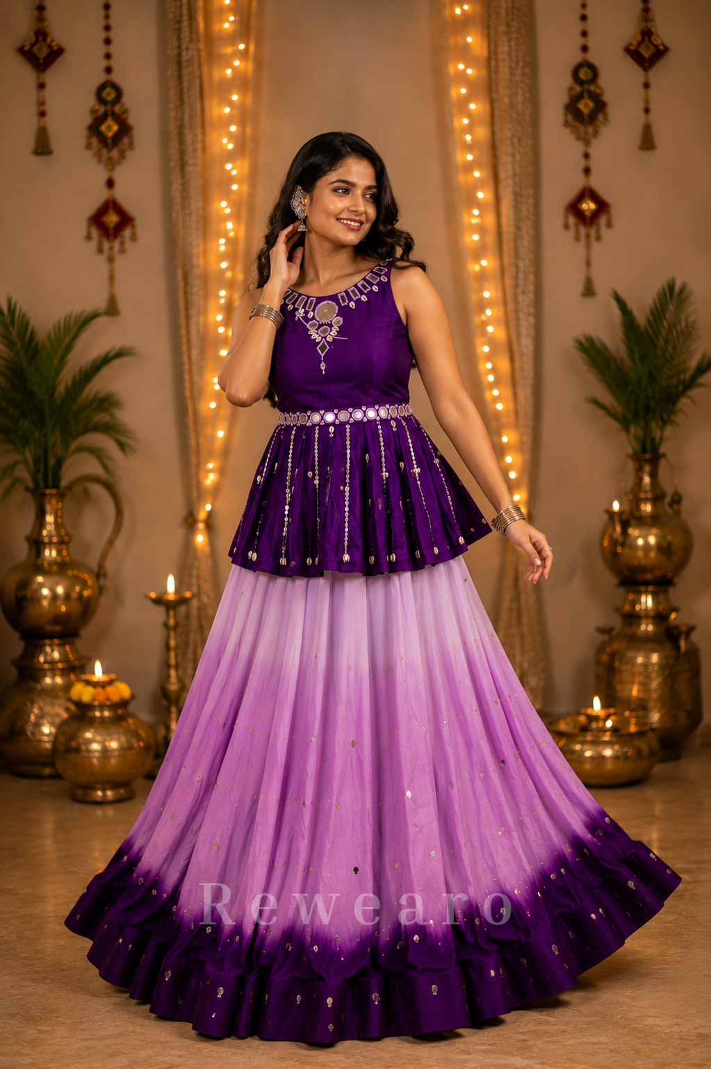 Royal Purple Peplum Choli with Lilac Ombre Flared Skirt & Mirror-Embellished Detailing