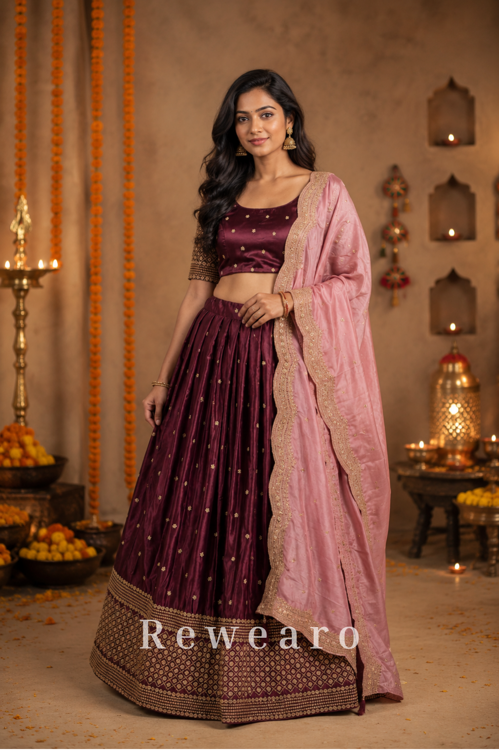 Wine Velvet Lehenga with Star Motifs, Geometric Border & Embroidered Blush Dupatta
