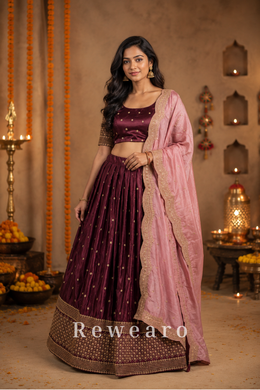 Wine Velvet Lehenga with Star Motifs, Geometric Border & Embroidered Blush Dupatta