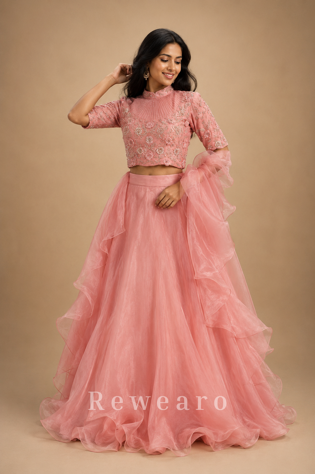 Blush Pink Organza Lehenga Set with Intricately Embroidered High-Neck Blouse and Ruffle Dupatta
