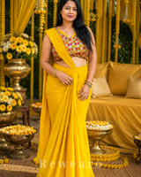 Sunshine Draped Pre-stiched Saree with Multicolor Floral Mirror Blouse