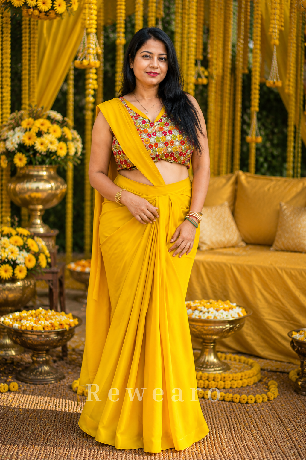Sunshine Draped Pre-stiched Saree with Multicolor Floral Mirror Blouse