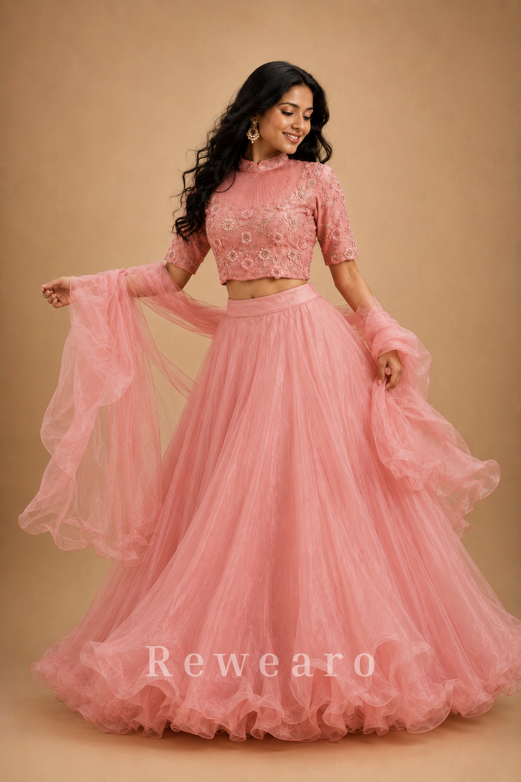 Blush Pink Organza Lehenga Set with Intricately Embroidered High-Neck Blouse and Ruffle Dupatta