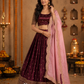 Wine Velvet Lehenga with Star Motifs, Geometric Border & Embroidered Blush Dupatta