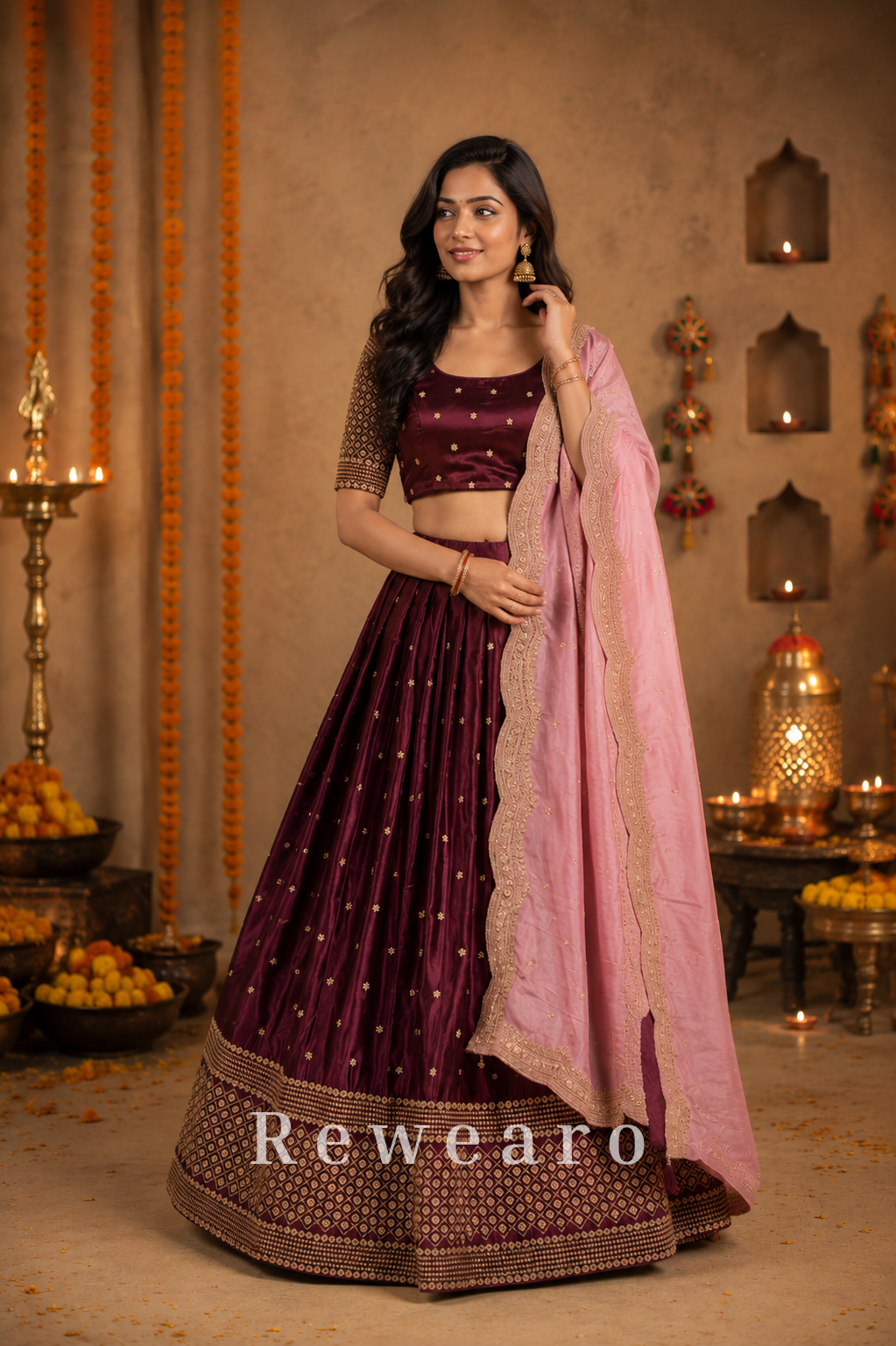 Wine Velvet Lehenga with Star Motifs, Geometric Border & Embroidered Blush Dupatta