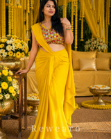Sunshine Draped Pre-stiched Saree with Multicolor Floral Mirror Blouse