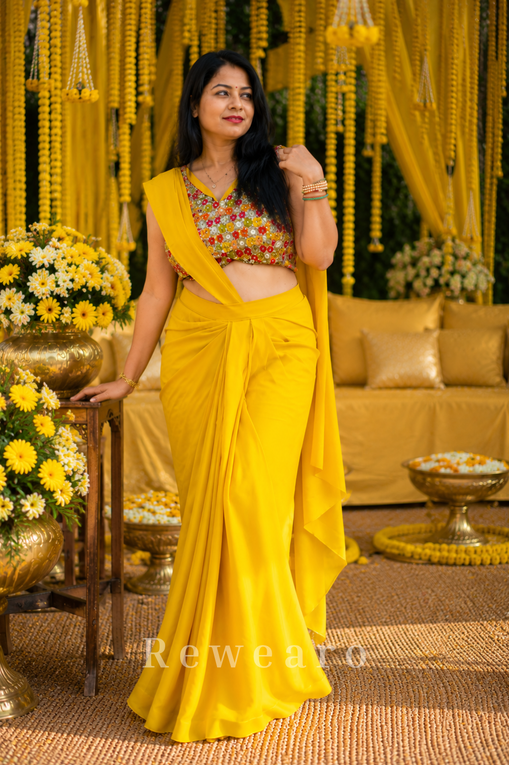 Sunshine Draped Pre-stiched Saree with Multicolor Floral Mirror Blouse