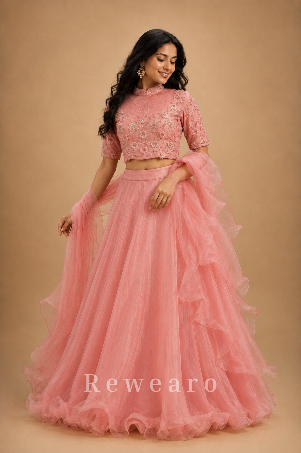 Blush Pink Organza Lehenga Set with Intricately Embroidered High-Neck Blouse and Ruffle Dupatta