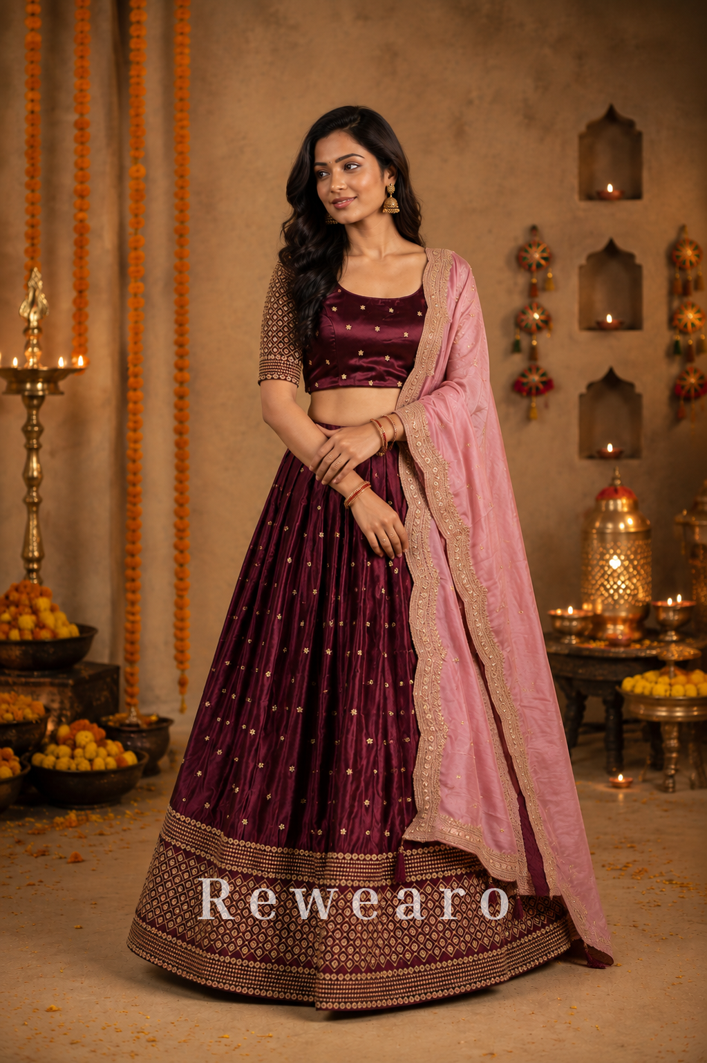 Wine Velvet Lehenga with Star Motifs, Geometric Border & Embroidered Blush Dupatta
