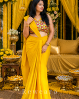Sunshine Draped Pre-stiched Saree with Multicolor Floral Mirror Blouse