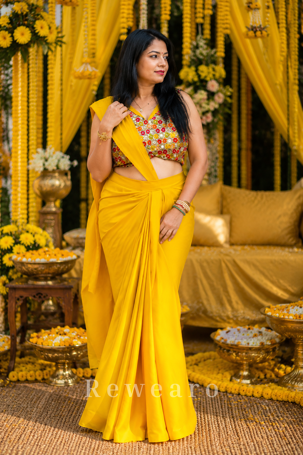 Sunshine Draped Pre-stiched Saree with Multicolor Floral Mirror Blouse