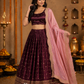 Wine Velvet Lehenga with Star Motifs, Geometric Border & Embroidered Blush Dupatta