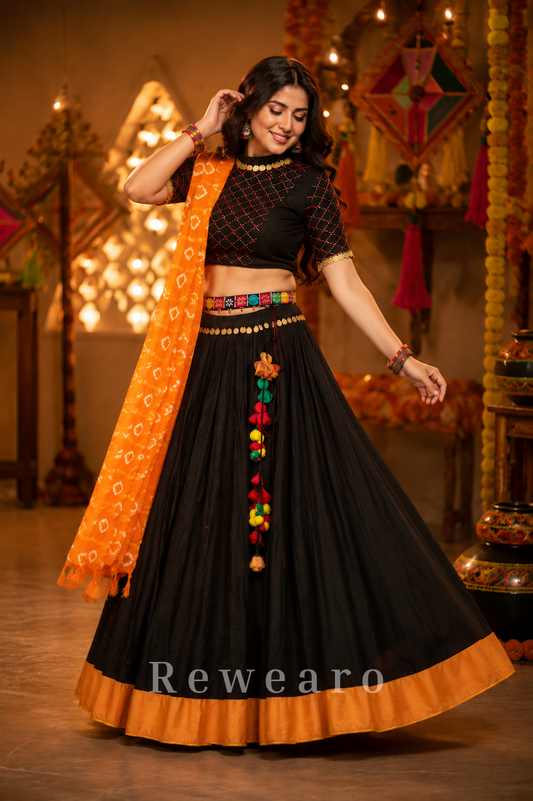 Midnight Black Navratri Lehenga Set with Bandhani Dupatta and Mirror Embellished Blouse