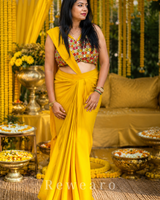 Sunshine Draped Pre-stiched Saree with Multicolor Floral Mirror Blouse