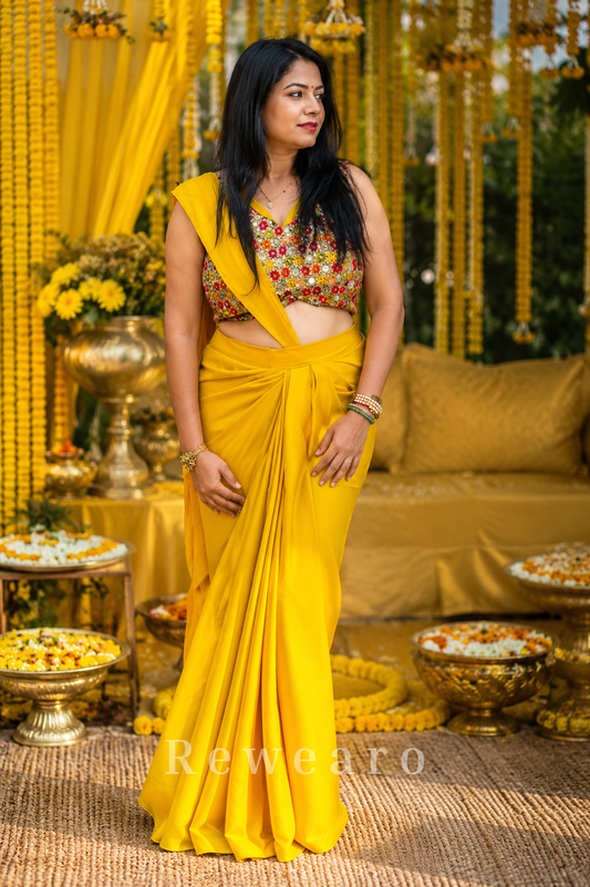 Sunshine Draped Pre-stiched Saree with Multicolor Floral Mirror Blouse