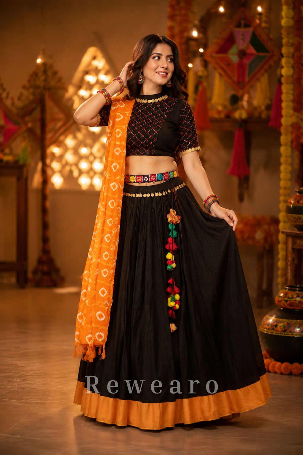 Midnight Black Navratri Lehenga Set with Bandhani Dupatta and Mirror Embellished Blouse