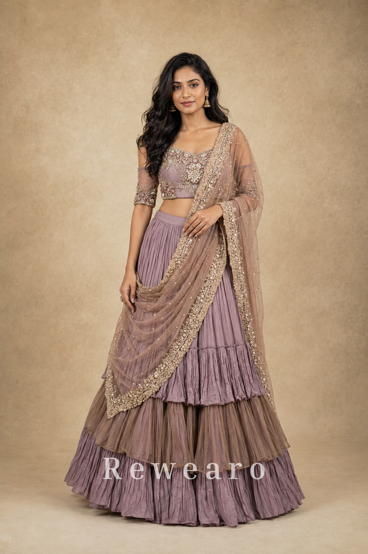 Dusty Mauve Layered Lehenga with Embroidered Blouse & Pearl-Trimmed Sheer Dupatta